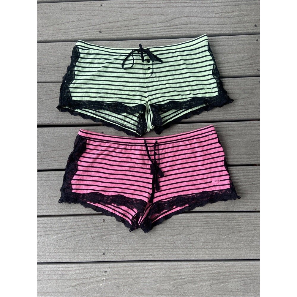 2 Victorias Secret Soft Drawstring Striped Sleep Lounge PJ Shorts L Neon Colors